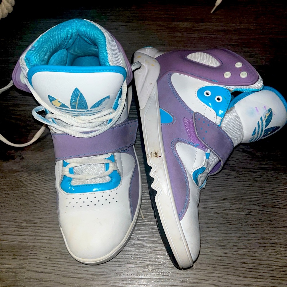 Adidas purple and white high top trainers